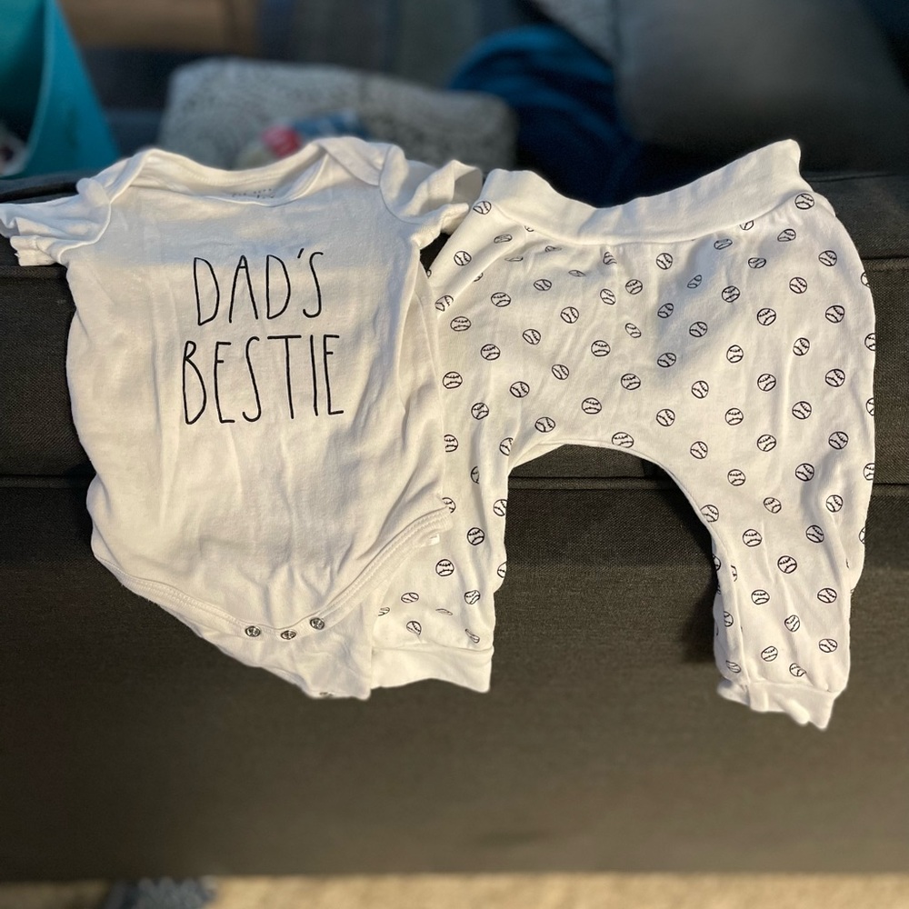 Rae Dunn - baby onesie & pants - dad’s bestie - baseball - white